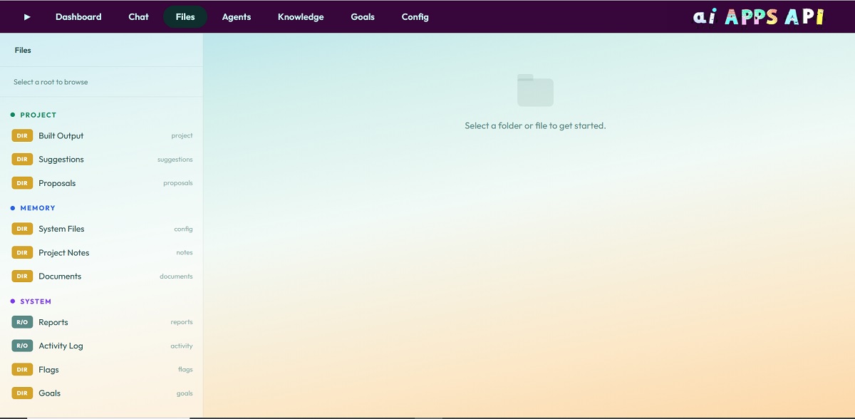 The system's file and memory browser, showing project output, memory, reports, and activity logs